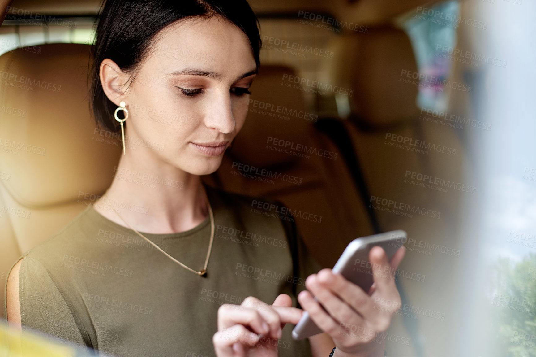 Buy stock photo Scroll, city and woman in car with phone, online communication or daily commute to workplace. Reading, digital and consultant in motor vehicle with mobile, email or message update on urban travel.