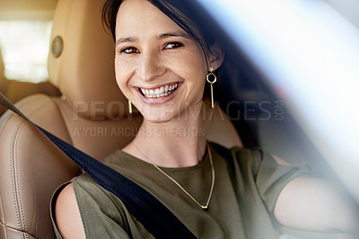 Buy stock photo Portrait, smile and woman in car for travel to work, city adventure and urban journey. Female person, driver and happiness with transport window for morning commute, traffic jam and drive to location