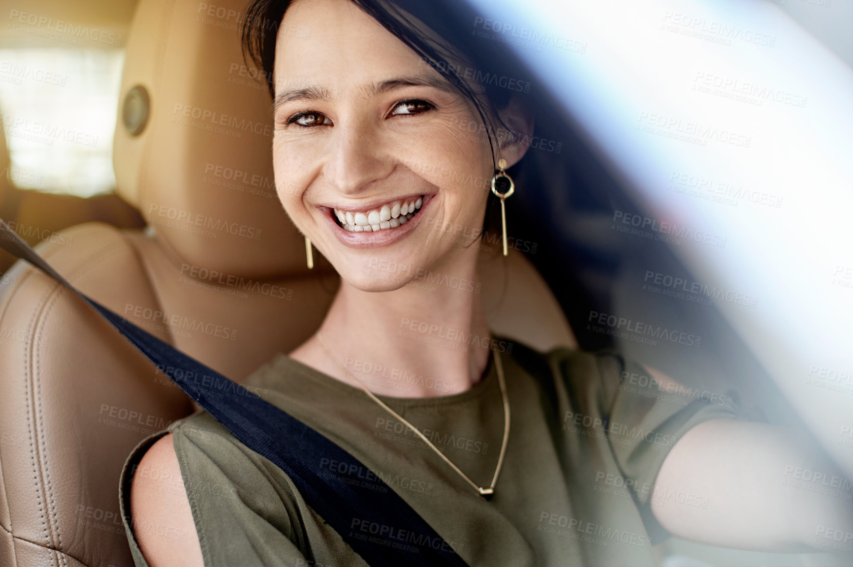 Buy stock photo Portrait, smile and woman in car for travel to work, city adventure and urban journey. Female person, driver and happiness with transport window for morning commute, traffic jam and drive to location