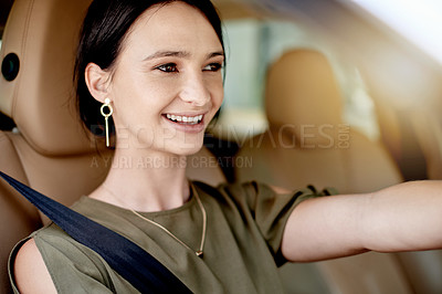 Buy stock photo Smile, driving and business woman in car for travel, morning commute and schedule. Happy, transportation and trip with corporate person in vehicle for journey, driver insurance and destination