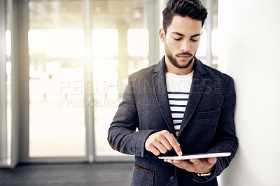 Buy stock photo Browsing, online and man with tablet, office and analysis of stock market or investment opportunity. Business, trader and person with tech for economic growth on website, space and research for info