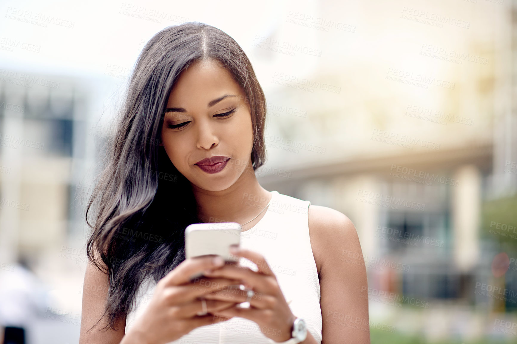 Buy stock photo Typing, online and woman with smartphone, city or communication for appointment, publicist or space. Public relations, employee and chat with contact on social media, outdoor and texting with mobile