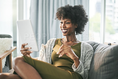 Buy stock photo Happy, tablet and black woman with credit card for online shopping, internet purchase and digital sale. Home, sofa and person relax on tech for ecommerce, order payment and discount on website store