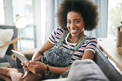 Buy stock photo Student, portrait and happy with tablet on sofa for university application, elearning app or email. Girl, african person and relax with digital tech in home for college registration and online portal