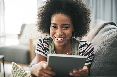 Buy stock photo African girl, tablet and smile on sofa, relax and portrait with streaming, movies or ebook in home. Happy woman, tech and chill on couch, multimedia app and film subscription at apartment in Nigeria
