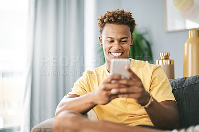Buy stock photo Happy, sofa and black man with phone for online chatting, social media and message notification. Typing, relax and person on smartphone for connection, website and networking on mobile app in home