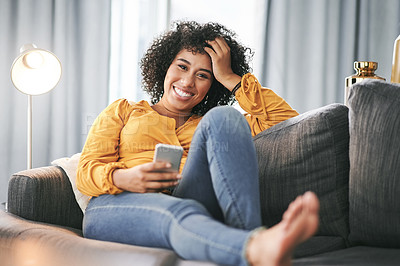 Buy stock photo Portrait, home and woman with cellphone, smile and message to contact, social media and chatting. Apartment, smartphone and person with happiness, internet and connection with communication or relax