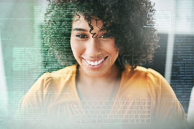 Buy stock photo Face, business woman and code overlay for programming, software development or information database. IT, cybersecurity with coder or programmer for developing tech with female employee and interface