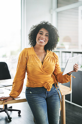 Buy stock photo Tablet, happy and portrait of business woman for website, social media marketing and online branding. Office, creative and person on tech for digital portfolio, internet and project for ad agency