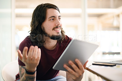 Buy stock photo Man, tablet or sharing web design idea for new cybersecurity, it or cloud computing software. Happy developer, coder and programmer with digital technology, vision and ideas for information algorithm
