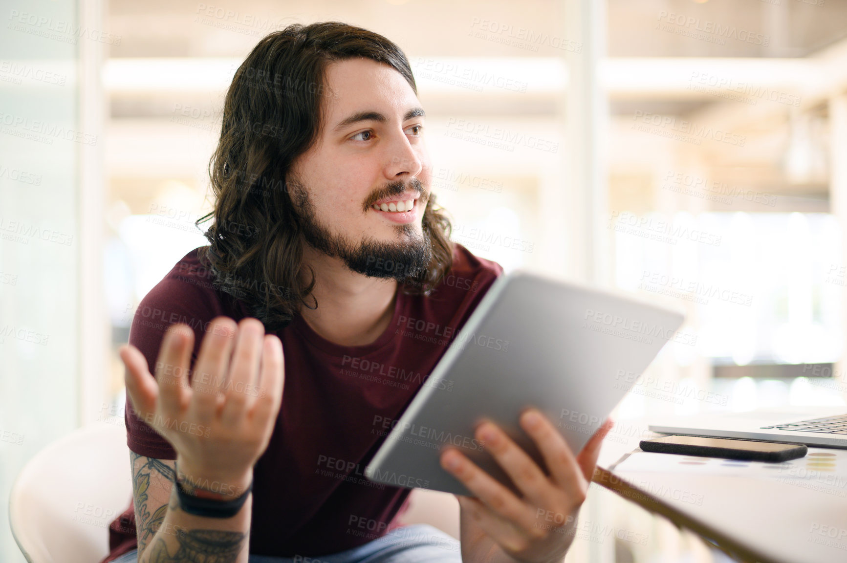 Buy stock photo Man, tablet or sharing web design idea for new cybersecurity, it or cloud computing software. Happy developer, coder and programmer with digital technology, vision and ideas for information algorithm