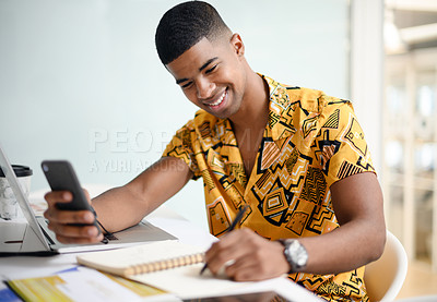 Buy stock photo Fashion designer, phone and notebook for creative ideas, vision and planning for startup label. African man, stylist and mobile technology for product inspiration, research and price guide for sales