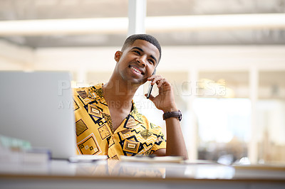 Buy stock photo Fashion designer, laptop or phone call for creative clothing collaboration, deal or fabric price negotiation. African man, freelancer or stylist on communication technology for product sourcing app