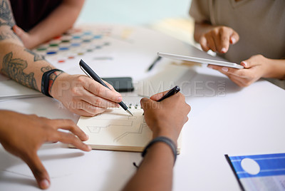 Buy stock photo Business people, hands and drawing with book for interior design, layout or ideas at office. Closeup of employees discussing blueprint for architecture, building project or renovation at workplace