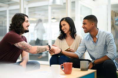 Buy stock photo Business people, meeting and greeting with handshake for agreement, deal or introdution at office lounge. Businessman shaking hands with employees for thank you, parthnership or b2b at workplace
