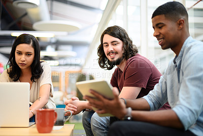 Buy stock photo Business, team and communication with tablet in office for conversation, brainstorming and digital collaboration. Creative people, graphic designers and online with technology for visual project.