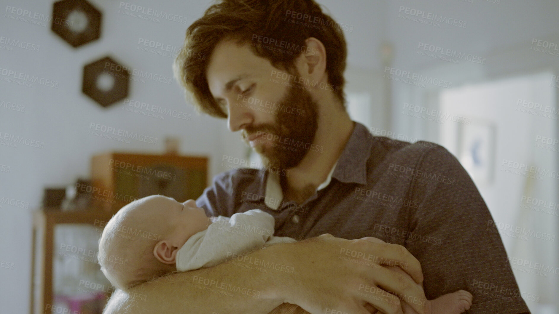Buy stock photo Love, hug or dad with newborn or baby in home for care or bond together to nurture child development. Safety, pride or single parent father with infant for support, trust or comfort in family house