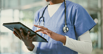 Buy stock photo Tablet, doctor hands and person typing online healthcare info, medical research or cardiology service report. Hospital results, surgeon and closeup nurse search database for medicine data analysis