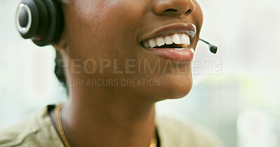 Buy stock photo Woman, mouth and headphones in call center for customer service, telemarketing or support at office. Closeup of female person, consultant or agent smile with mic in online advice or help at workplace