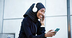 Headphones, fitness or muslim woman with mobile outdoor, listen to radio or audio break with smile. Hijab, happy runner and black person with phone, music and streaming song with podcast in city