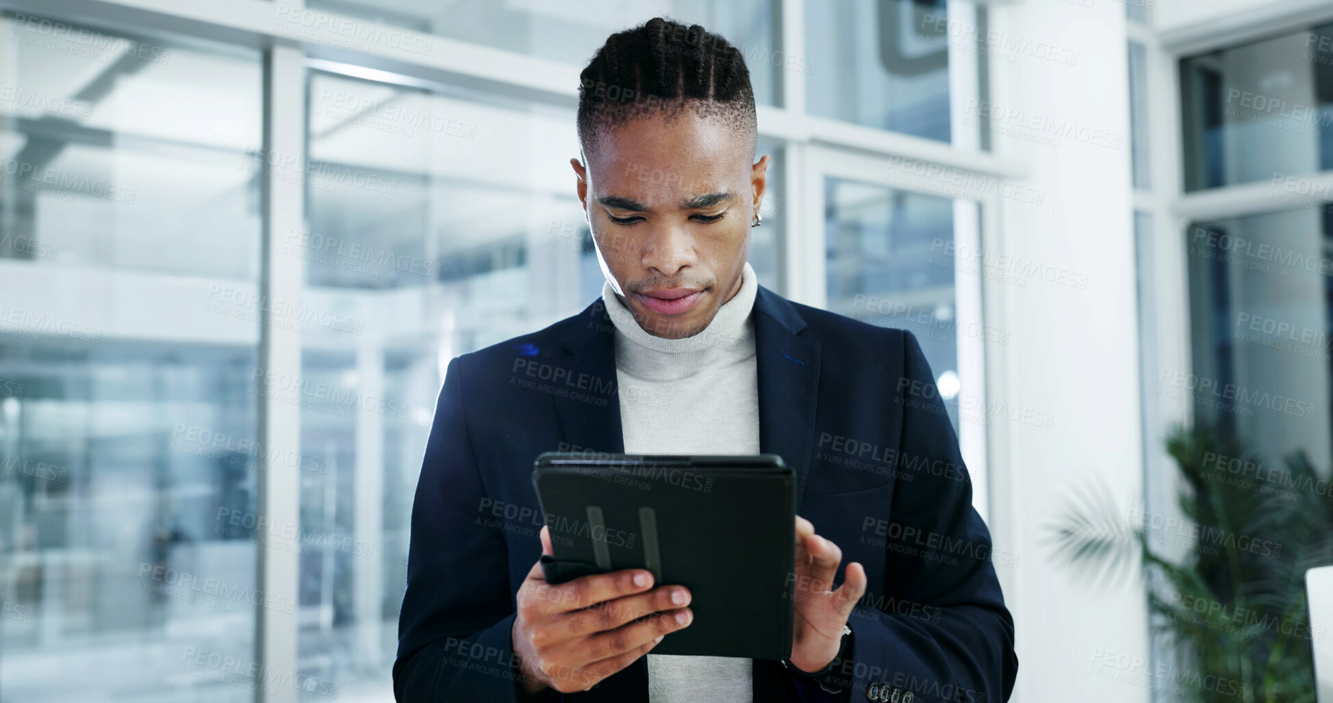 Buy stock photo Businessman, reading and research in office with tablet, administration report and financial audit. Accountant, black person and browsing in workplace with tech, app or check bookkeeping for finance.