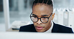 Businessman, research and glasses in office with computer, reading online report and financial audit. Accountant, African person and browsing in workplace with pc, website or bookkeeping for finance.