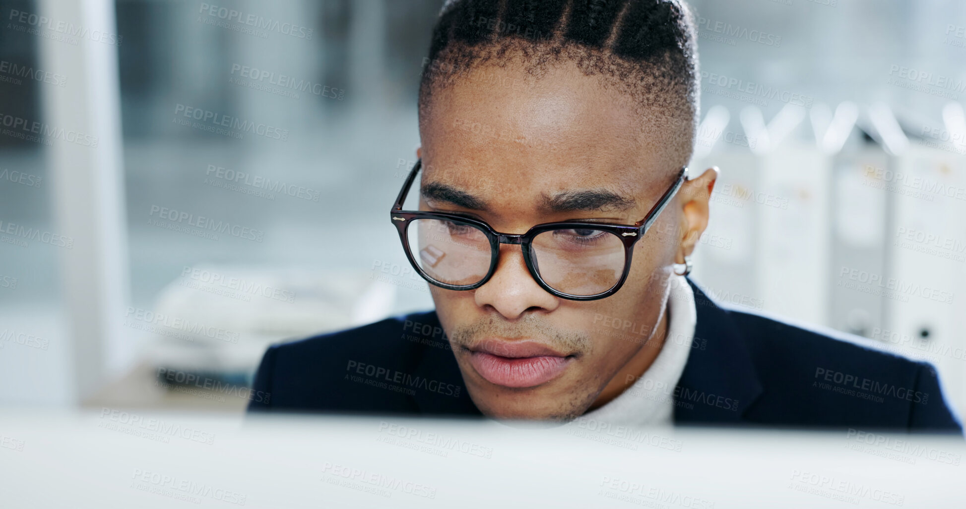 Buy stock photo Businessman, research and glasses in office with computer, reading online report and financial audit. Accountant, African person and browsing in workplace with pc, website or bookkeeping for finance.