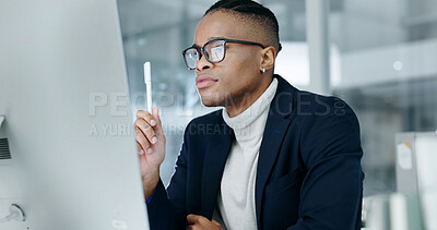 Buy stock photo Business, man or reading computer in office for trade decision, risk assessment and monitor news. Black person, trader and glasses with tech for market insight, check economic calendar and solution