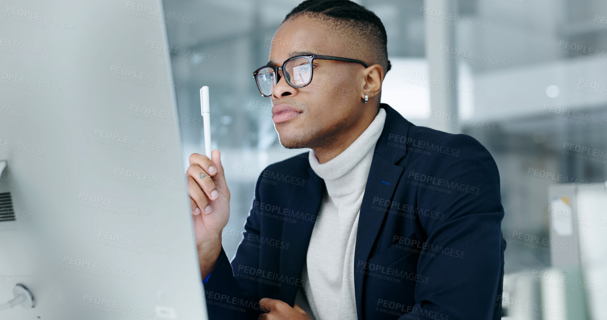 Buy stock photo Business, man or reading computer in office for trade decision, risk assessment and monitor news. Black person, trader and glasses with tech for market insight, check economic calendar and solution
