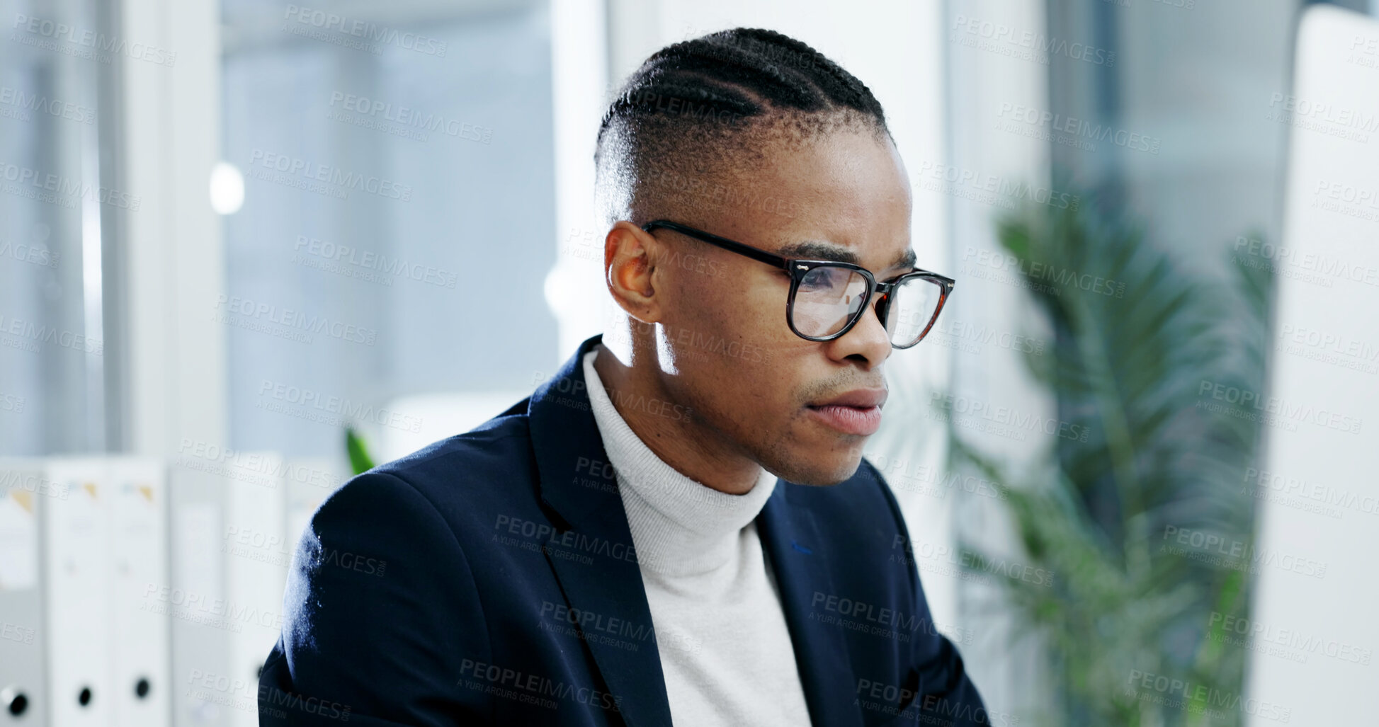 Buy stock photo Black man, realtor and reading in office with computer, email and update pricing for new listing. Person, review and research in workplace with tech, rental viewing an schedule for property purchase