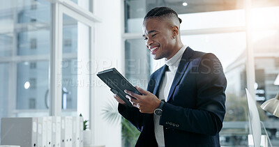 Buy stock photo Smile, businessman or reading tablet in office for trade execution, check account or profit alert. Black person, trader or happy with tech for investment return, positive market news and notification