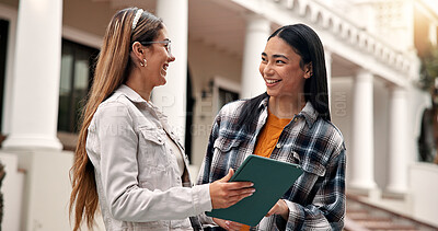 Buy stock photo Smile, students and student at campus with tablet, test results and acceptance email for education. Happy, friends and digital at university for enrollment, scholarship approval and exchange program