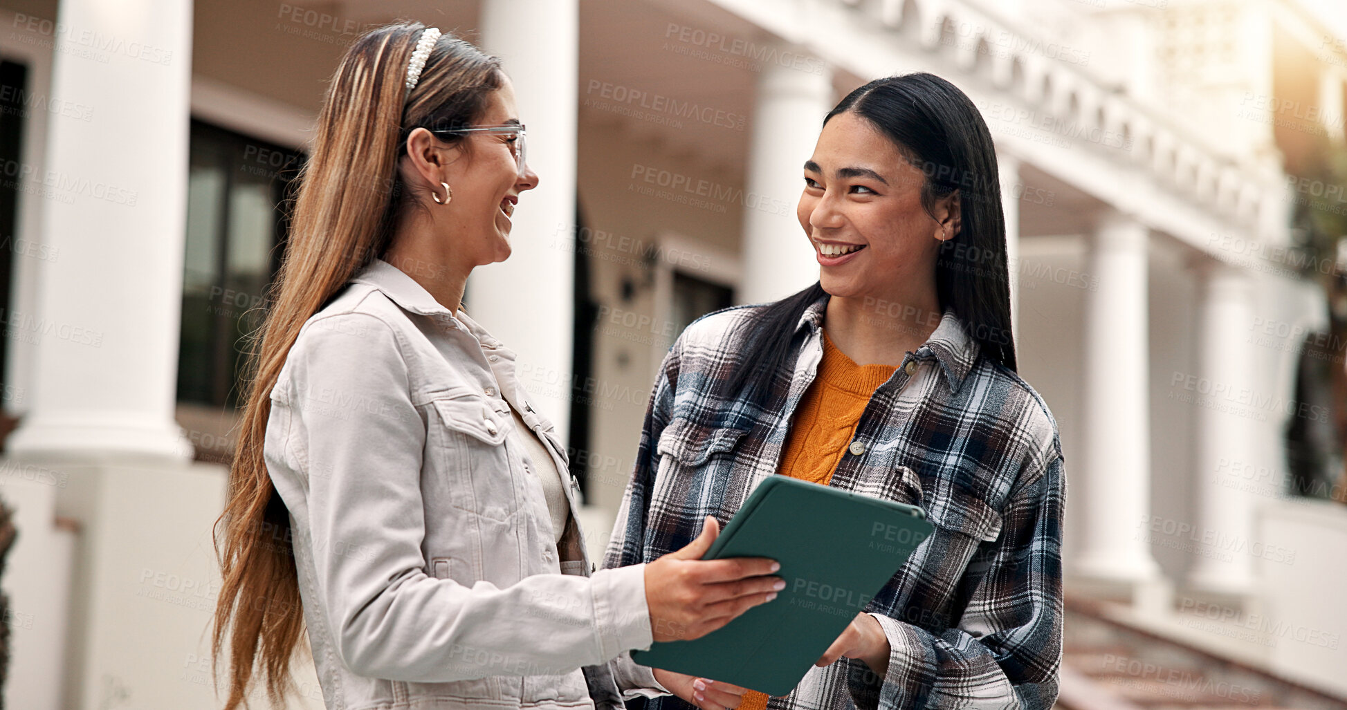 Buy stock photo Smile, students and student at campus with tablet, test results and acceptance email for education. Happy, friends and digital at university for enrollment, scholarship approval and exchange program