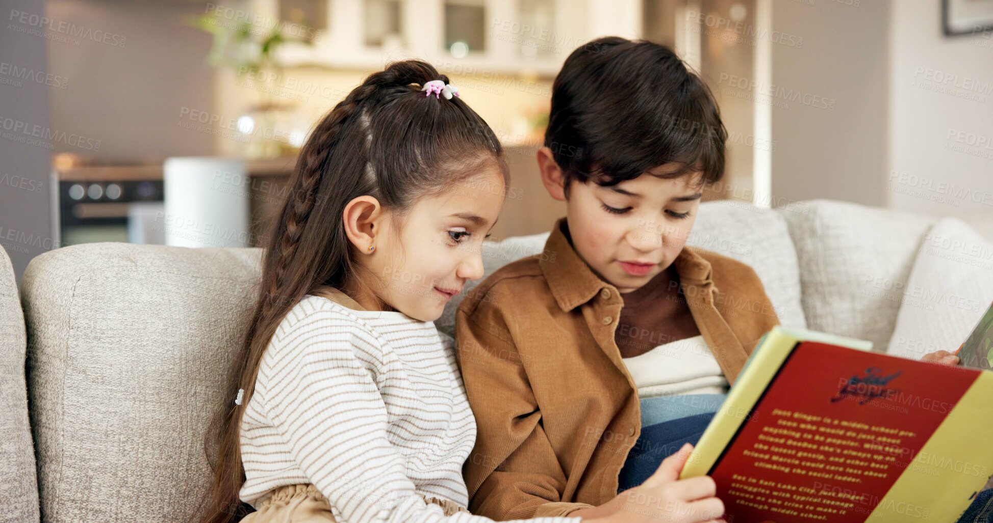 Buy stock photo Siblings, reading and children with book in lounge, education and cognitive growth with literature. Happy, sister and brother with fiction story, literacy and kids with skill development in house