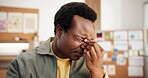 Frustrated, headache and black man in office for business mistake, failure or deadline pressure. Male person, employee or overworked with eye strain or migraine for fatigue or bad news in workplace