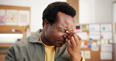 Buy stock photo Frustrated, headache and black man in office for business mistake, failure or deadline pressure. Male person, employee or overworked with eye strain or migraine for fatigue or bad news in workplace