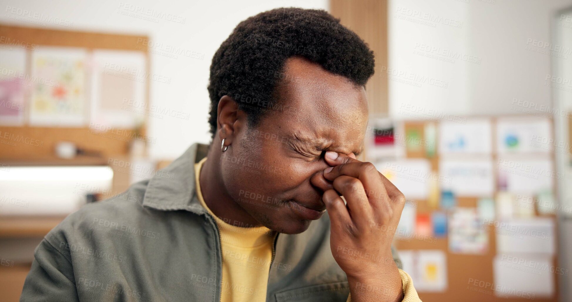 Buy stock photo Frustrated, headache and black man in office for business mistake, failure or deadline pressure. Male person, employee or overworked with eye strain or migraine for fatigue or bad news in workplace