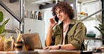 Man, laptop and phone call in pottery shop for small business, discussion and order for art supplies. Entrepreneur, person and talk in ceramics store with tech, creativity and contact clay supplier.