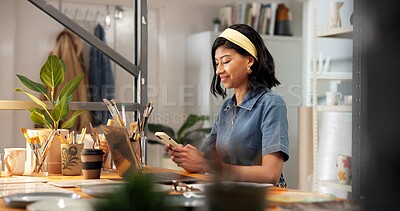 Buy stock photo Pottery, woman and typing in small business with phone, online or post art listing on ecommerce app. Entrepreneur, person and update ceramics catalog in store with tech, shop website or clay product.
