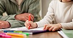 Homework, grandparent or child in kitchen with hands, childcare or support with homeschool activity. Education, grandfather or girl with task help, family guidance or assistance in home learning.