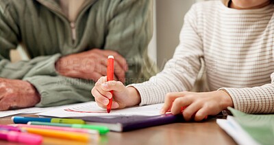 Buy stock photo Homework, grandparent or child in kitchen with hands, childcare or support with homeschool activity. Education, grandfather or girl with task help, family guidance or assistance in home learning.