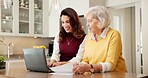 Laptop, discussion and old woman with adult daughter for retirement home application, help or advice. Elderly mom, people and happy in house with computer, insurance policy documents and assistance.