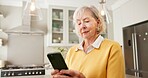 Phone, research and old woman with website for life insurance, retirement planning and text message. Senior person, browsing and online in house with tech, internet and mobile app for policy cover.
