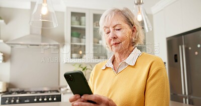 Buy stock photo Phone, research and old woman with website for life insurance, retirement planning and text message. Senior person, browsing and online in house with tech, internet and mobile app for policy cover.