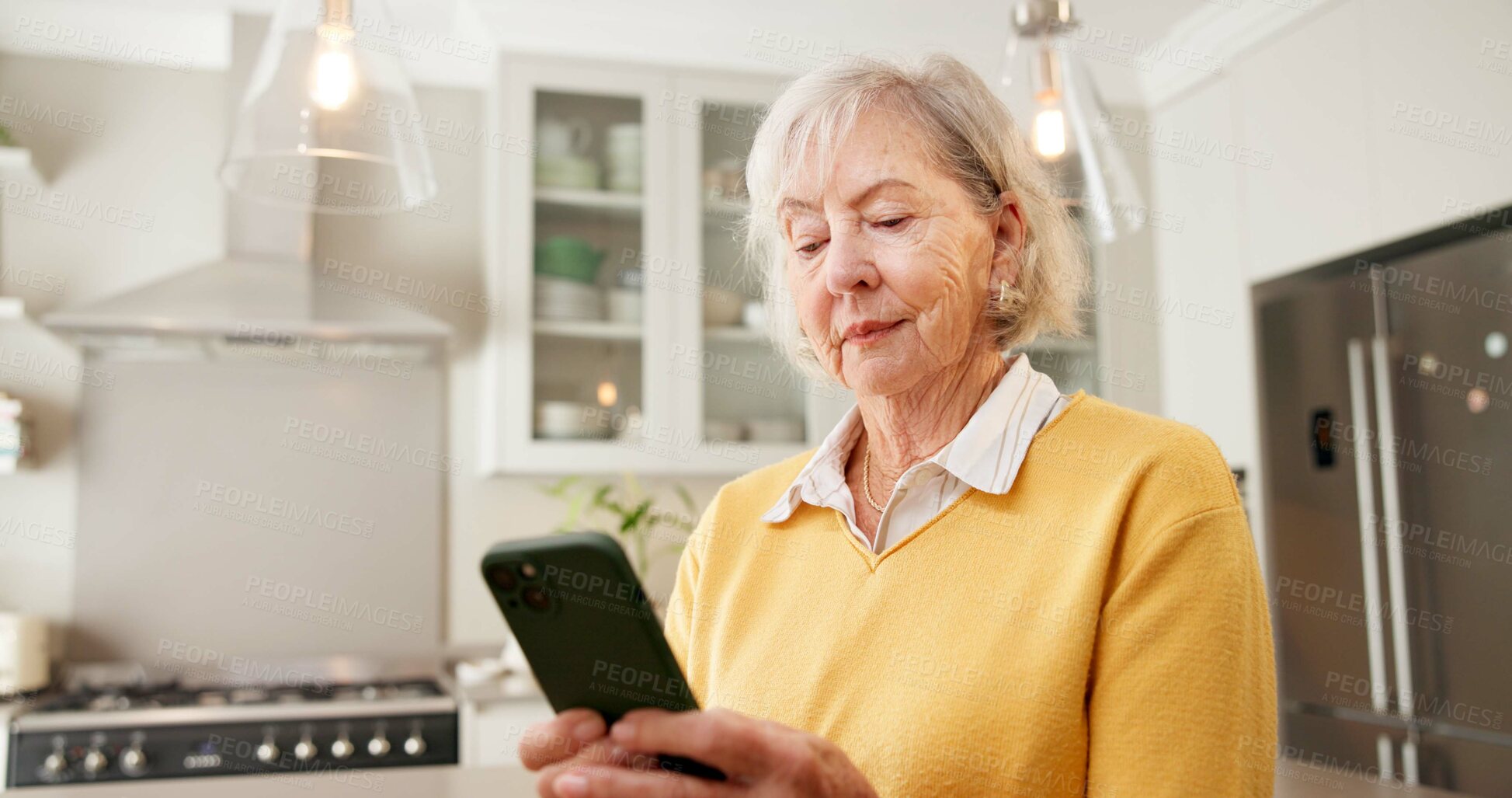 Buy stock photo Phone, research and old woman with website for life insurance, retirement planning and text message. Senior person, browsing and online in house with tech, internet and mobile app for policy cover.