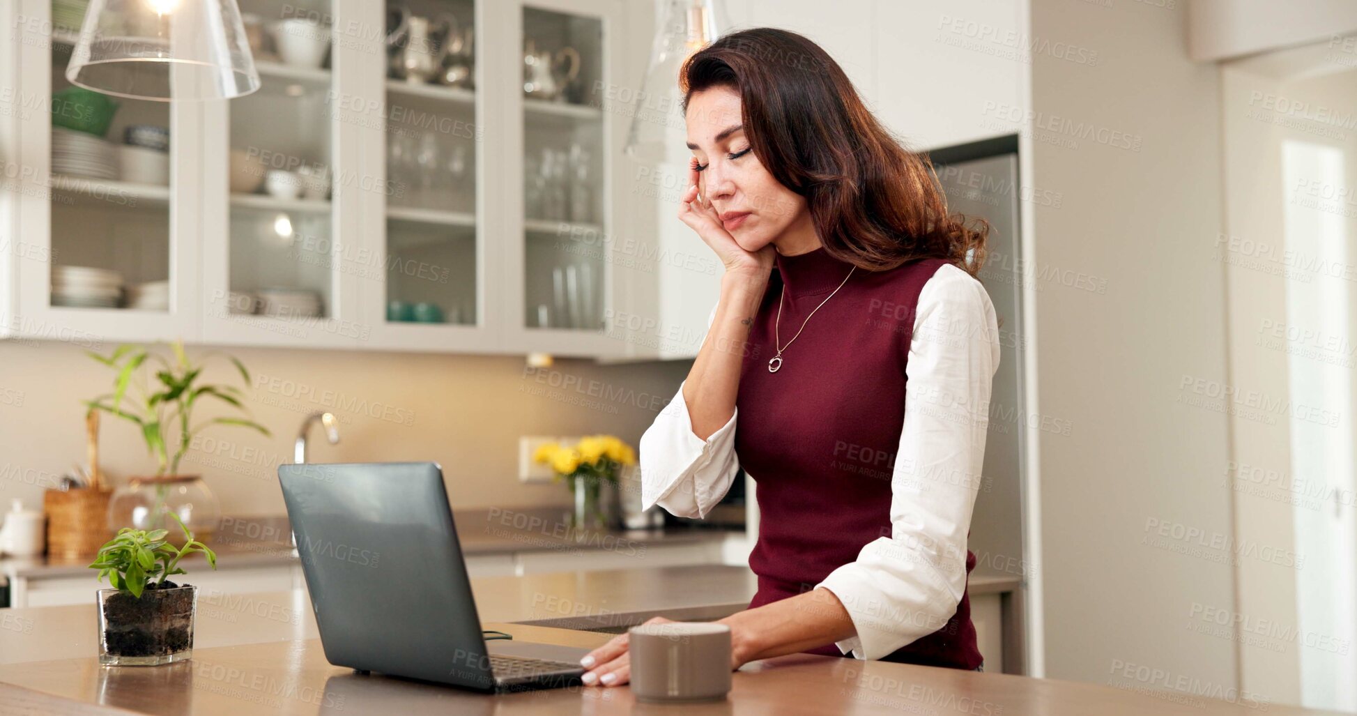 Buy stock photo Stress, headache and woman on laptop in home with tension, migraine and burnout for budget report. Remote work, frustrated and person on computer with strain, pressure and pain for finance review