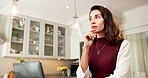Woman, thinking and remote work in home with laptop, plan and risk assessment for insurance payout. Mature person, problem solving and policy broker in house with computer, vision and hybrid job.