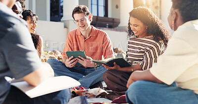Buy stock photo Man, students and reading at campus with tablet, online research and study group for education. Happy, people and discussion at university with tech, exam preparation and academic course for learning