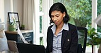 Woman, document and laptop at house for remote work, research and update pricing for new listing. Realtor, freelancer and paperwork in home with pc, rental agreement and invoice for property purchase