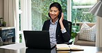Woman, headset and laptop in home for remote work, virtual meeting and networking for business. Employee, computer and smile with connectivity for video call, online workshop and upskill seminar